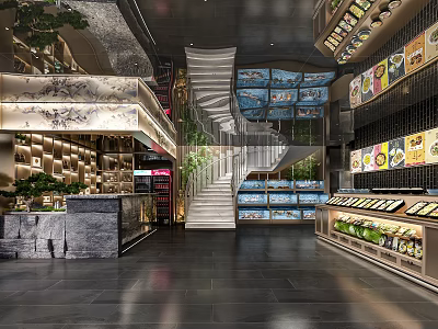 Modern Restaurant Interior Design With Spiral Staircase Green Plants Display Counters And Decorative Artworks 3d model