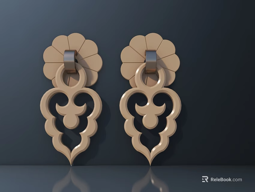 Golden Decorative Handles with Flower Shaped Base and Hollow Out Design in Traditional Vintage Style 3d model 