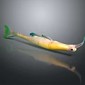 Vibrant Yellow Fish with Green Tail Fins Long Snout and Reflection on Dark Background