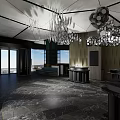 Modern Lobby Interior Design With Marble Floor Chandeliers Reception Desk And Elevator Doors