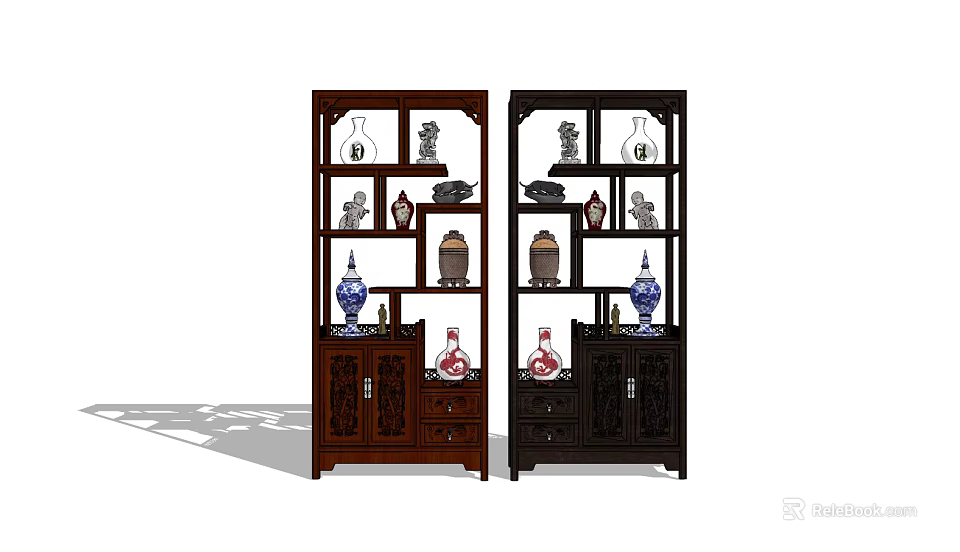 Traditional Chinese Wooden Bogu Shelves Displaying Antique Vases Jars and Figurines 3d model 