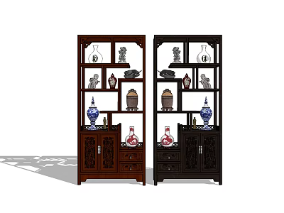 Traditional Chinese Wooden Bogu Shelves Displaying Antique Vases Jars and Figurines 3d model