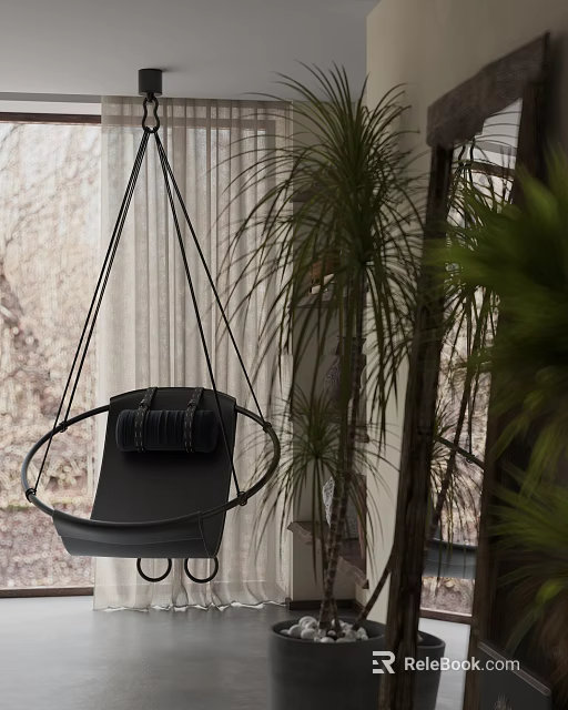 Black Hanging Chair With Cushion Ropes In Indoor Setting With Potted Plants Natural Light 3d model 