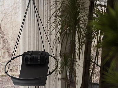 Black Hanging Chair With Cushion Ropes In Indoor Setting With Potted Plants Natural Light 3d model