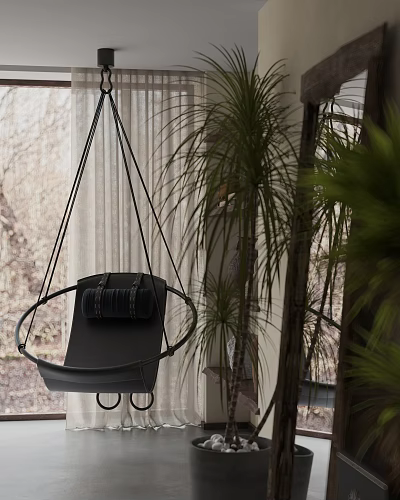 Black Hanging Chair With Cushion Ropes In Indoor Setting With Potted Plants Natural Light 3d model