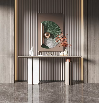 Elegant Modern Console Table With Round Green Mirror Striped Wall And Decorative Sculptures 3d model