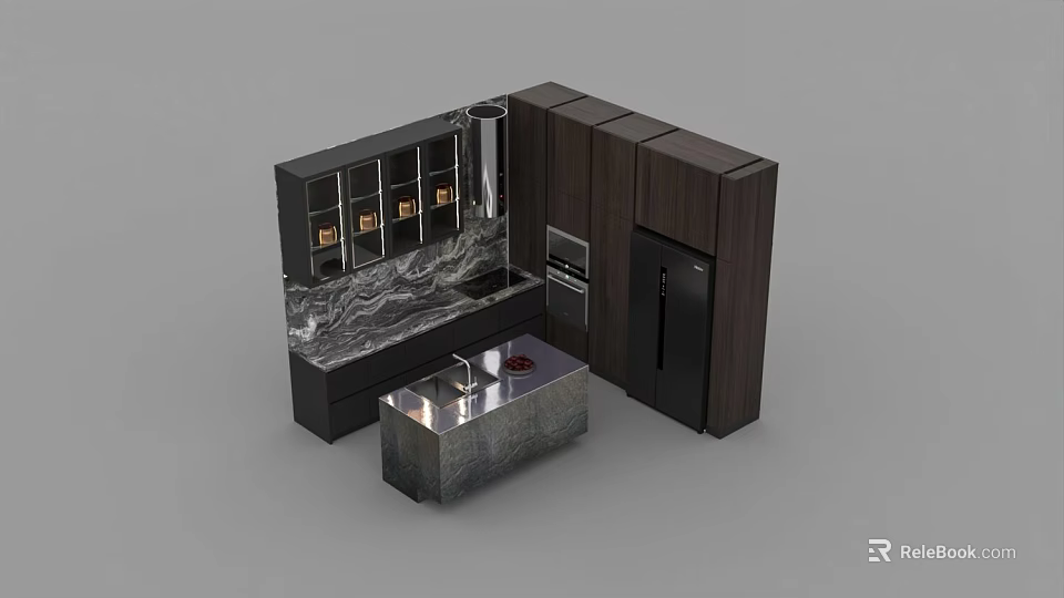 Modern Kitchen With Dark Wood Cabinets Marble Countertop Built-in Appliances And Wine Display Area 3d model 