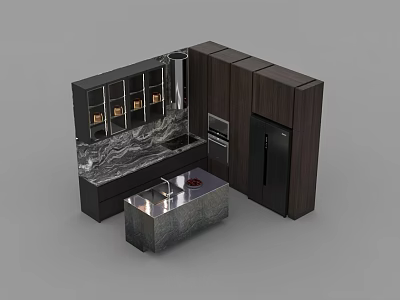 Modern Kitchen With Dark Wood Cabinets Marble Countertop Built-in Appliances And Wine Display Area 3d model
