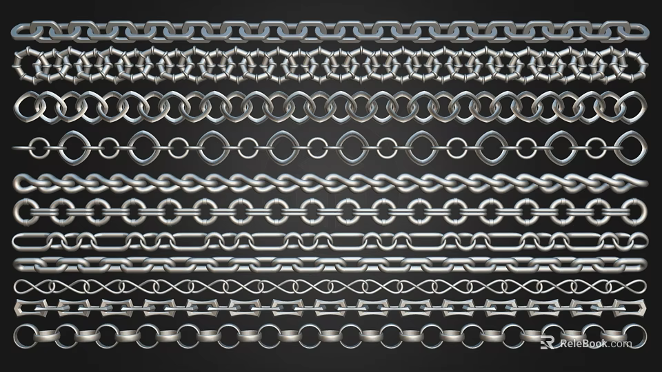 Various Metal Chain Designs With Different Link Patterns And Silver Finish 3d model