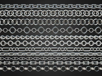 Various Metal Chain Designs With Different Link Patterns And Silver Finish 3d model