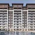 Multi Story Residential Building Entrance With Stone Decoration Balconies And Double Doors