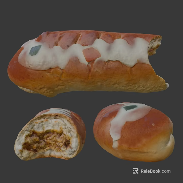 Golden Stuffed Bread With Cream Topping And Green Orange Fillings 3d model 