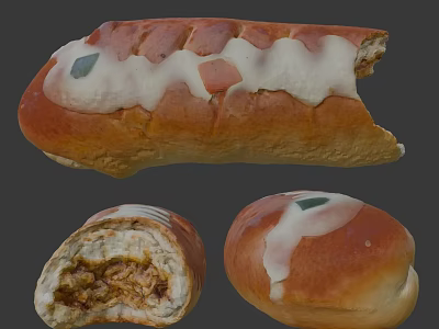 Golden Stuffed Bread With Cream Topping And Green Orange Fillings 3d model