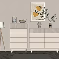 Modern White Decorative Cabinets With Drawer Design Floor Lamp Wall Art Sculpture And Potted Plant