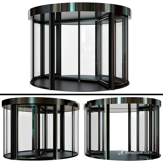 Sleek Modern Glass Revolving Door with Black Metal Frame and Circular Base 3d model 
