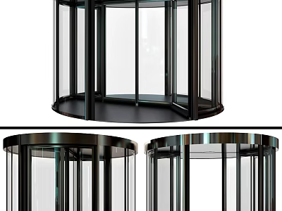Sleek Modern Glass Revolving Door with Black Metal Frame and Circular Base 3d model