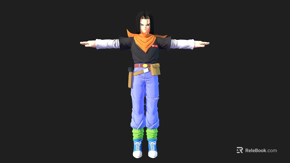 3D Character Model With Black Top Orange Scarf Blue Pants Holster On Waist Arms Outstretched 3d model 