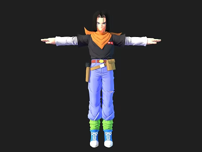 3D Character Model With Black Top Orange Scarf Blue Pants Holster On Waist Arms Outstretched 3d model