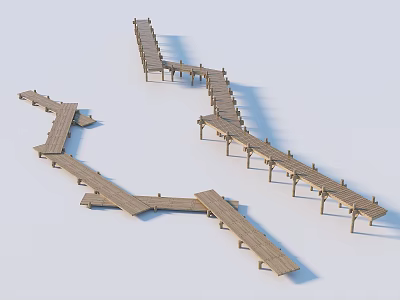 Wooden Walkway Structure With Branching Paths And Support Posts 3d model