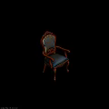 Tech Exhibition Hall Displaying Vintage Wooden Armchair With Blue Cushion And Carved Back