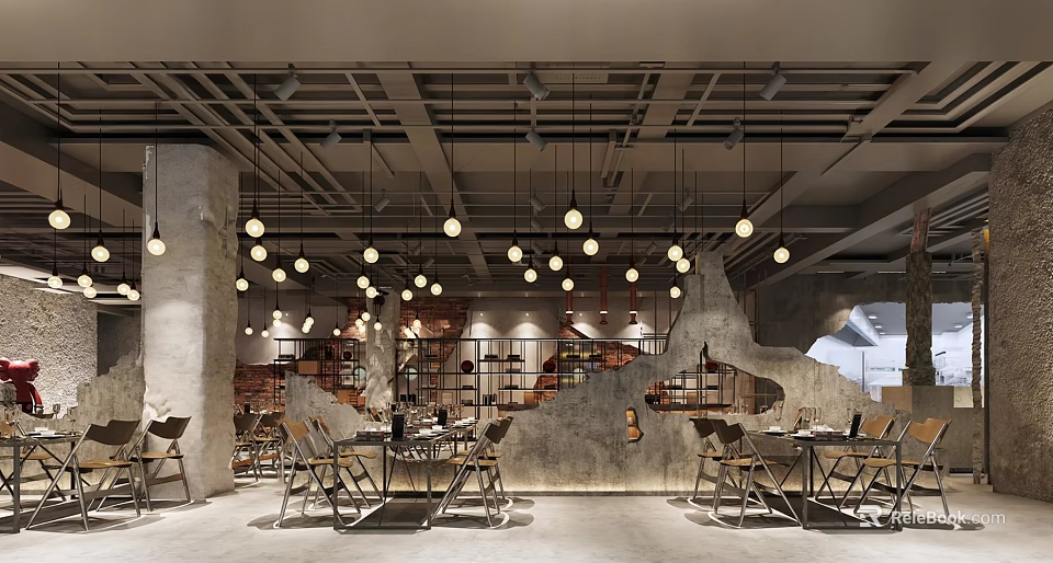 Industrial Style Hotpot Restaurant Interior With Pendant Lights Dining Tables And Brick Walls 3d model 