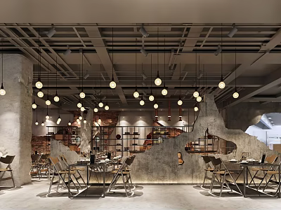 Industrial Style Hotpot Restaurant Interior With Pendant Lights Dining Tables And Brick Walls 3d model