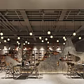 Industrial Style Hotpot Restaurant Interior With Pendant Lights Dining Tables And Brick Walls