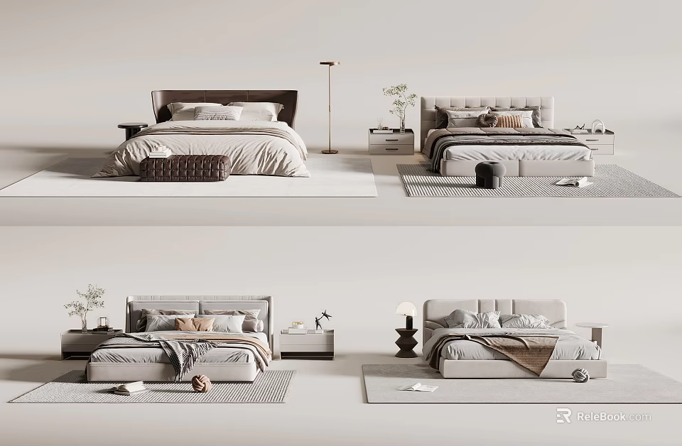Minimalist Double Bed Designs With Upholstered Headboard Nightstand Rug And Potted Plant 3d model 