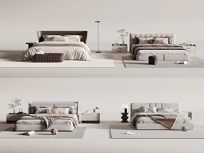 Minimalist Double Bed Designs With Upholstered Headboard Nightstand Rug And Potted Plant 3d model