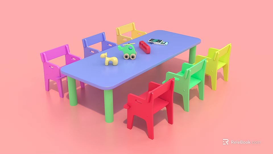 Colorful Kids Table and Chairs Set with Blue Table Various Colored Chairs and Toys on Top 3d model 