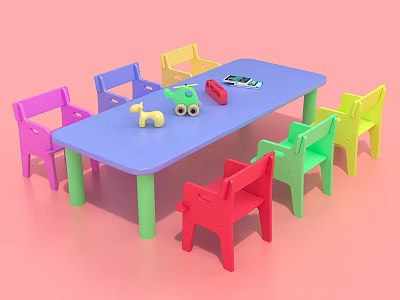 Colorful Kids Table and Chairs Set with Blue Table Various Colored Chairs and Toys on Top 3d model