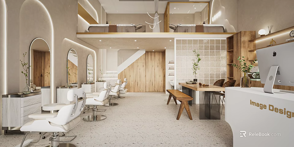 Modern Beauty Hair Salon Interior Design With White Styling Chairs Mirrors And Wooden Worktables 3d model 