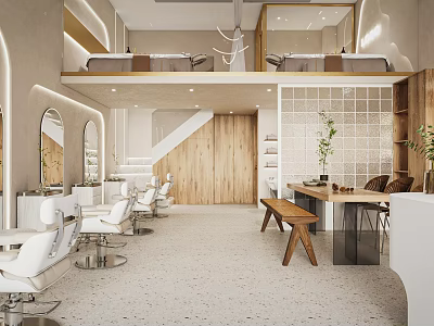 Modern Beauty Hair Salon Interior Design With White Styling Chairs Mirrors And Wooden Worktables 3d model