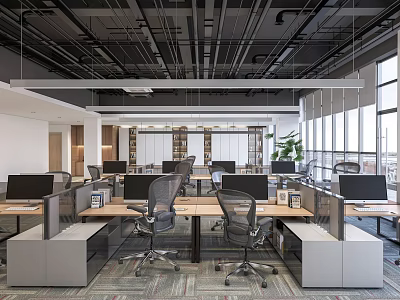 Modern Public Office Space With Multiple Workstations Computer Monitors Office Chairs And Large Windows 3d model