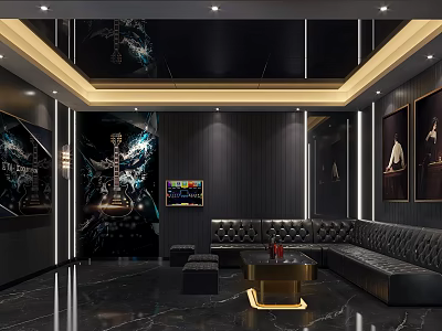 Modern Luxurious KTV Lounge With Black Gold Leather Sofa Guitar Mural And Marble Floor 3d model
