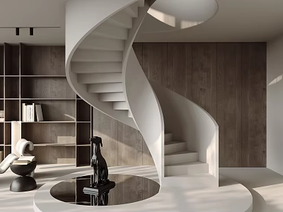 Spiral Staircase In Modern Minimalist Interior With Bookshelves And Sculpture 3d model