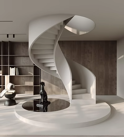 Spiral Staircase In Modern Minimalist Interior With Bookshelves And Sculpture 3d model