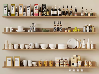 Organized Shelf Display With Bottles Mugs Bowls And Food Packages 3d model