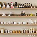 Organized Shelf Display With Bottles Mugs Bowls And Food Packages