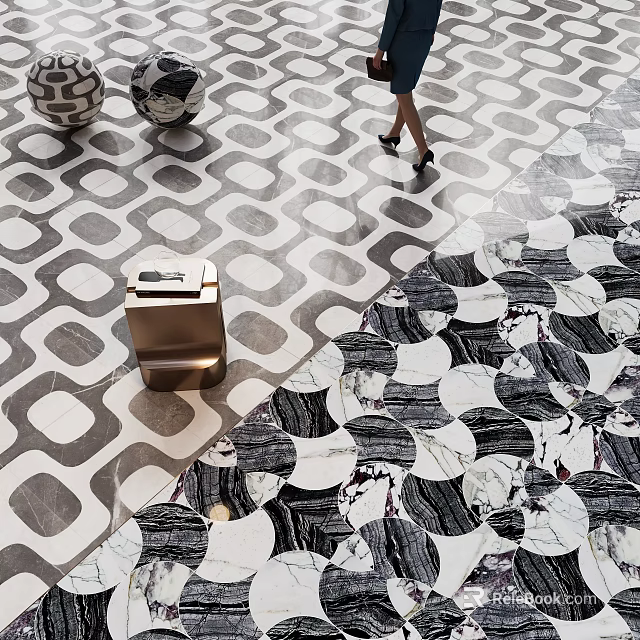 Stylish Black And White Geometric Pattern Floor Tiles In Public Lobby With Pedestrian 3d model 