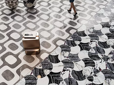 Stylish Black And White Geometric Pattern Floor Tiles In Public Lobby With Pedestrian 3d model