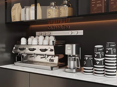 Modern Coffee Bar Setup With Espresso Machine Grinder And Stacked Coffee Cups 3d model