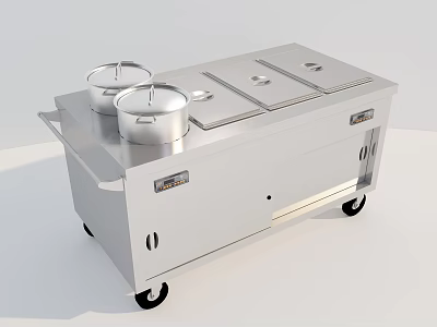 Commercial Kitchen Stainless Steel Mobile Cart With Covered Pots And Heating Compartments 3d model