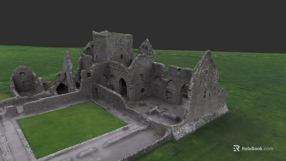 Ancient European Architecture Ruins With Stone Arches And Green Grass Courtyard 3d model 