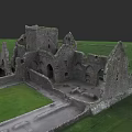 Ancient European Architecture Ruins With Stone Arches And Green Grass Courtyard