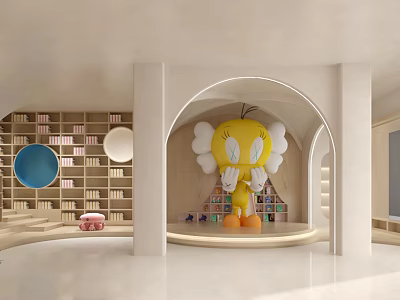 Book Art Space With Cartoon Sculpture And Bookcases 3d model