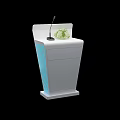 Modern White Functional Desk With Blue Striped Sides And Small Green Plant On Top