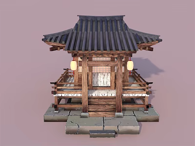Ancient Architectural Pavilion with Classic Black Tiled Roof Wooden Structure Hanging Lanterns and Stone Steps 3d model