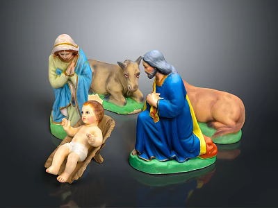 Nativity Scene Figurines With Baby Jesus Mary Joseph Ox And Donkey 3d model