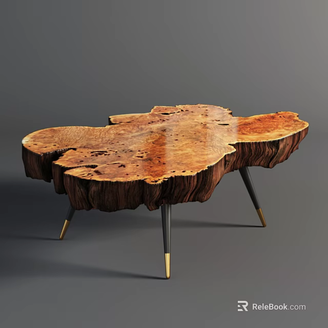 Natural Rustic Coffee Table With Irregular Wooden Stump Top Metal Legs Gold Accents 3d model 